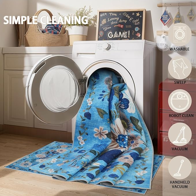 Floral Rug for Entryway, 2X3 Washable Kitchen Mat Ultra-Thin Soft, Non-Slip Indoor Door Carpet Stain Resistant Boho Small Low-Pile Throw for Bathroom Bedroom (Blue Garden, 2 x 3)