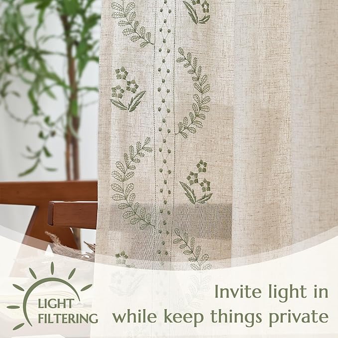 jinchan Belrose Linen Curtains for Bedroom Floral Curtains 63 Inch Length Linen Blend Sage Green Embroidered Drapes Farmhouse Flower Patterned Drapes for Living Room Window Treatments Set 2 Panels