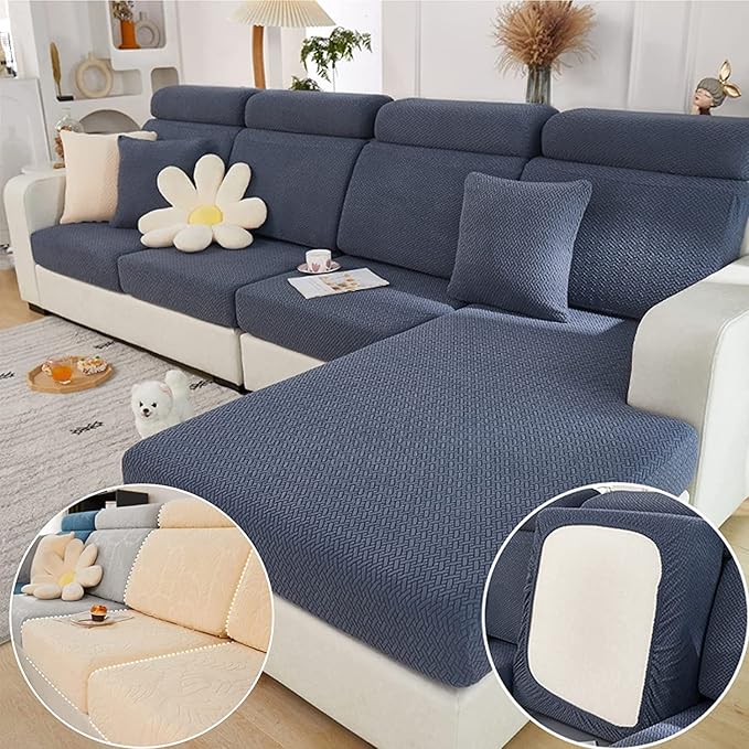 Couch Cushion Covers for Sofa Couch Covers Wear-Resistant Universal Sofa Cover Washable Stretch for Sectional Slipcovers (Texture-Gray Blue,Large Double Seat Cover)