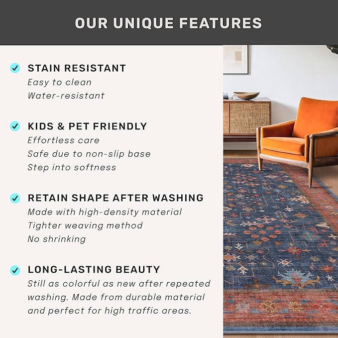 Washable 12 ft Long Runner for Hallway - Navy Blue Kitchen Floor Runner Rug, Pet Friendly Waterproof Non Slip with Rubber Backing, Stain Resistant Laundry Room Rug (3x12 Navy Blue & Terracotta)