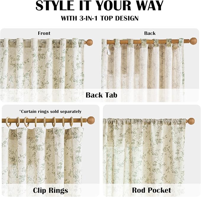 Lazzzy 90 inch Long Curtain for Bedroom Green Floral Linen Drapes for Living Room Farmhouse Country Vintage Light Filtering Curtains Rod Pocket Back Tab, 2 Panels, Green on Beige
