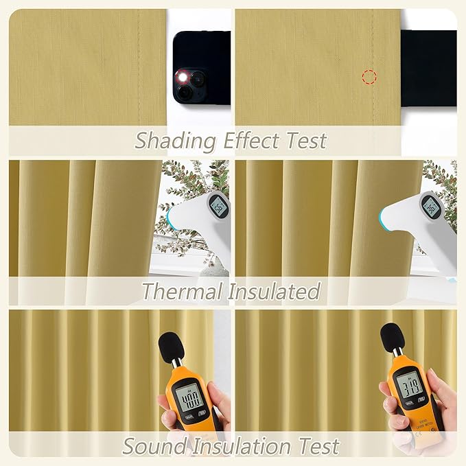 Guken Yellow 100% Blackout Linen Curtains 63 Inch Length 2 Panels Set for Living Room Bedroom Back Tab/Rod Pocket Thermal Insulated Black Out Drapes Room Darkening Farmhouse Window Curtains