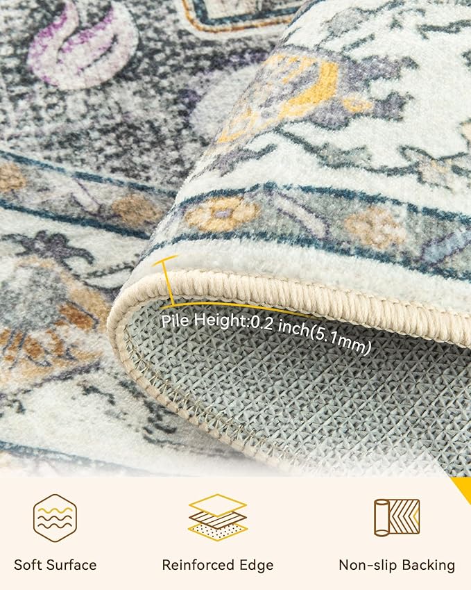 RELEANY Area Rugs 6ft Washable Non-Slip, Floral Vintage Distress Print Pattern Medallion Carpet for Living Room Bedroom Dining Room, Light Yellow Carbon Grey Orange
