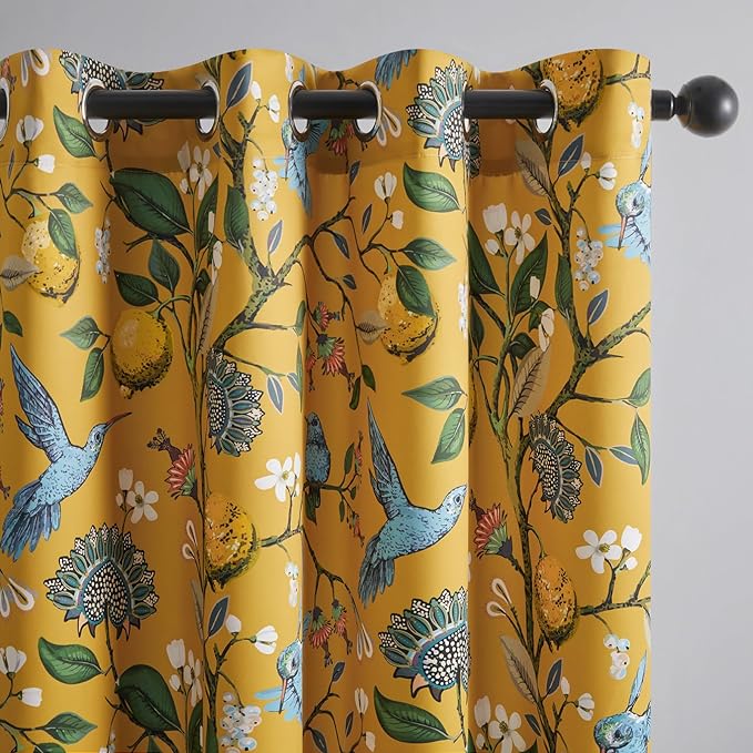 Extra Long 120 Inches Curtains for Large Window Luxury Mustard Yellow Floor To Ceiling Blackout Vintage Floral Hummingbird Fancy Grommet Drop Cloth Damask Drape for Living Room Dining 2 Pages 10 FT