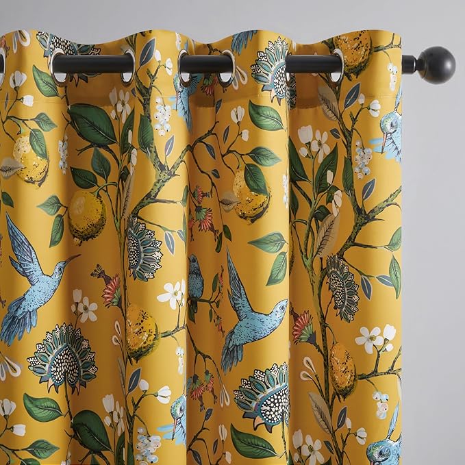 Topfinel 92 Inches Long Custom Mustard Yellow Luxury Curtains for Living Room Bedroom, Blackout Vintage Victorian Curtains Floral Lemon Hummingbird Printed Grommet Drape 92 Inch Length