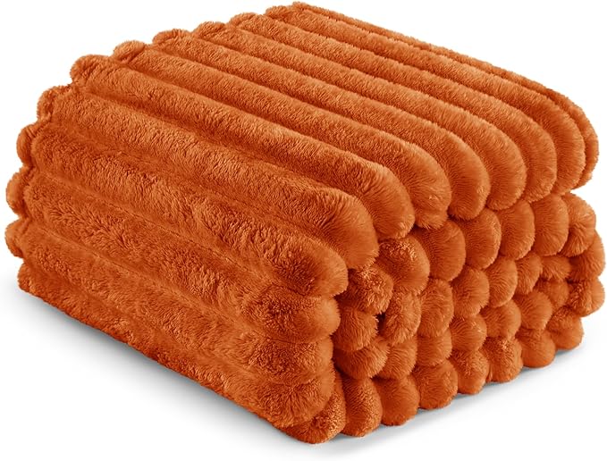 Exclusivo Mezcla Fleece Throw Blanket for Couch, Super Soft Striped Jacquard Bed Blanket, Lightweight Fuzzy Cozy for All Seasons, 50x60 Inches, Burnt Orange