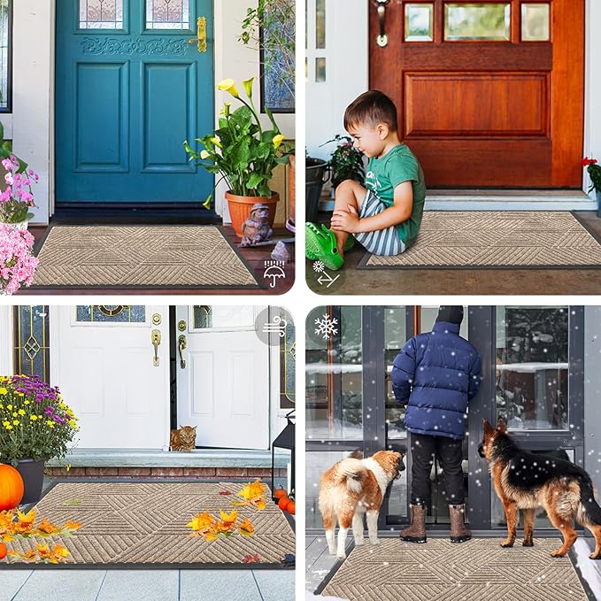 Smiry Front Door Mat Outside Entrance, Heavy Duty Sturdy Natural Rubber Doormat, Trap Dirt and Moisture, Easy Clean Low Profile Mats for Indoor Outdoor Entry, Irregular Triangle (29.5x17, Mixed Camel)