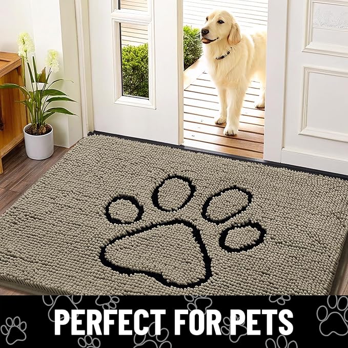 Smiry Dog Door Mat for Muddy Paws, Absorbent Dirt Trapper Non Slip Quick Dry Washable Chenille Mat for Mud Dogs, Entry Rug for Indoor and Outdoor (48x30 Inches, Warm Taupe and Black)