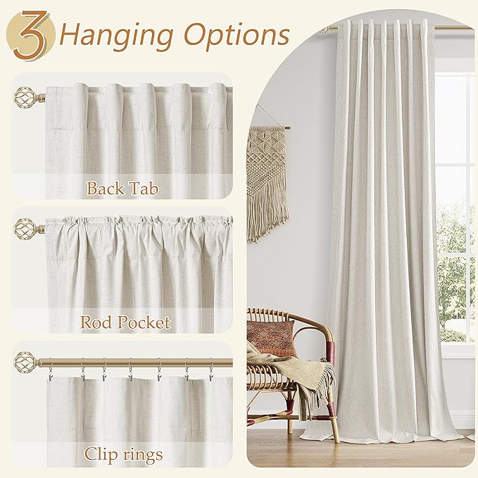 Guken 90 Inch Long Boho 100% Blackout Linen Curtains for Living Room Back Tab Rod Pocket Room Darkening Thermal Insulated Drapes for Bedroom Black Out Window Curtain 2 Panels, 52x90