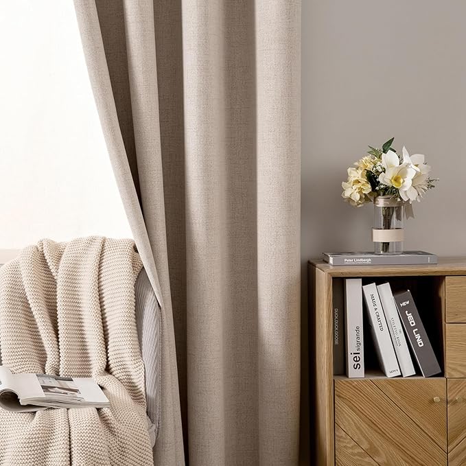 MIULEE Linen Textured Curtains for Bedroom Solid 100% Blackout Thermal Insulated Natural Beige Grommet Room Darkening Curtains & Drapes Luxury Decor for Living Room Nursery 52 x 48 Inch (2 Panels)