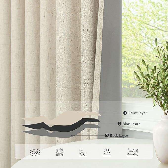 Linen Drapes for Living Room Darkening 100% Blackout Curtains 86 Inch Length 2 Panels Textured Black Out Thermal Insulated Rustic Farmhouse Country Window Curtain for Bedroom Back Tab 86 Long Beige