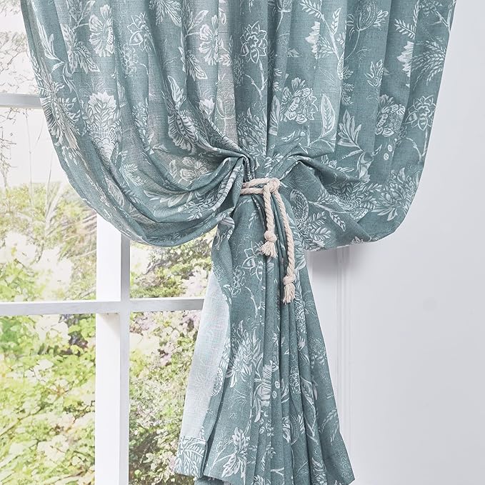 jinchan Linen Floral Curtains for Living Room, 84 Inch Length Curtains with Printed Flower Light Filtering Curtain, Rod Pocket Back Tab Blue Window Treatment Set Bedroom Curtain, 2 Panels Blue
