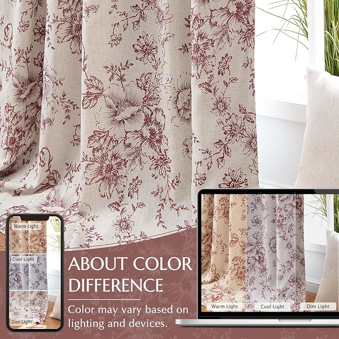 jinchan Blackout Floral Curtains for Living Room Bedroom Linen Blend Curtain Farmhouse Brick Red Printed with Lined Back Tab Rod Pocket Drapes Window Treatments 2 Panels 96 Inch