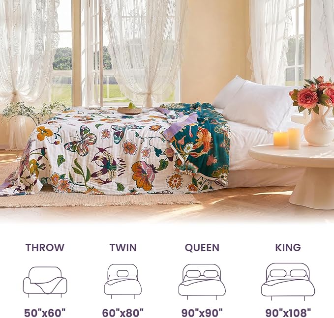 MSGKV Boho Throw Blanket 60"x80" Floral Blanket for Bed Couch 100% Cotton Spring Breathable Lightweight Farmhouse Twin Blankets All Seasons Home Decor Muslin