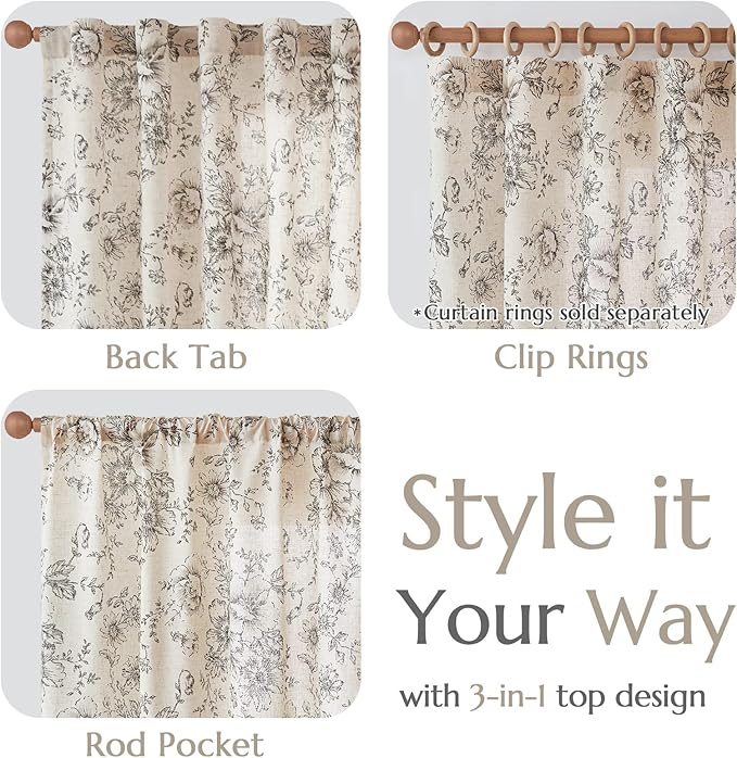 jinchan Linen Floral Curtains 96 Inch Length for Living Room Bedroom Light Filtering Farmhouse Peony Flower Drapes Rustic Window Curtain Set Rod Pocket Back Tab 2 Panels Black