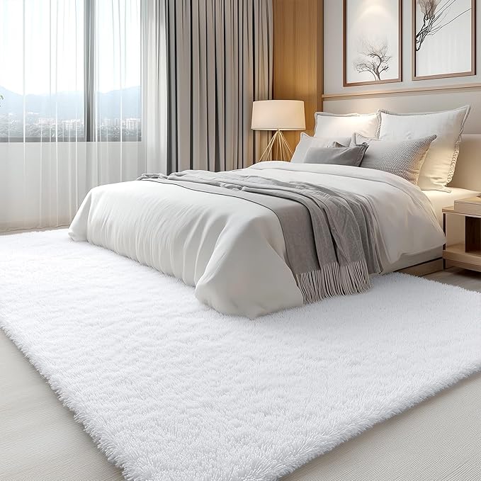 OLANLY 5x5 Area Rugs for Living Room Bedroom, Machine Washable Soft Fluffy Shaggy Bedside Rug, Indoor Floor Carpet for Kids Girls and Boys, Dorms, Nursery Rooms, Home Decor Aesthetic, White