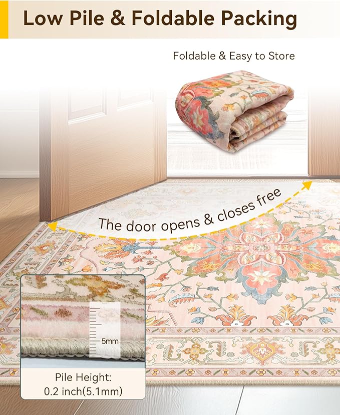 RELEANY Area Rugs 2'x10' Runner Rug Non Slip Washable for Kitchen Hallway Bedroom Beside Laundry Room Bathroom Rug, Floor Carpet, Light Pink Colorful