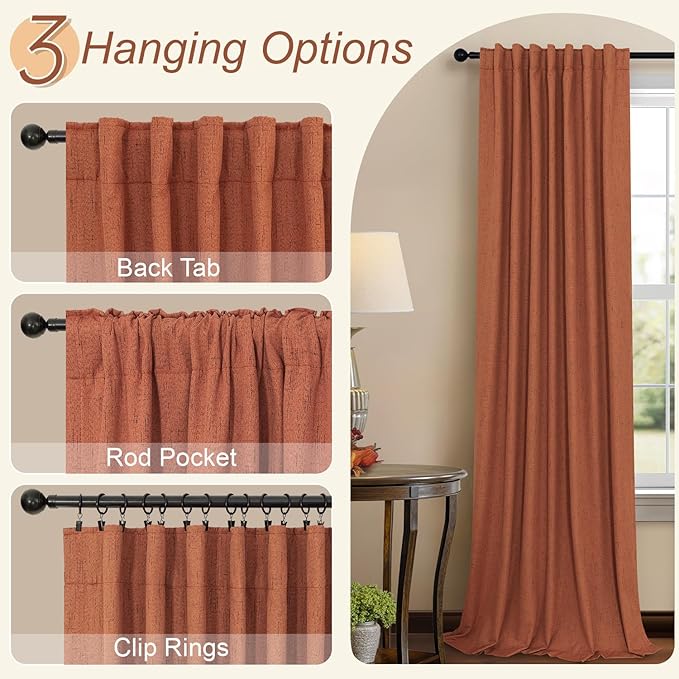 Pitalk Boho Blackout Curtains for Living Room Linen Textured Bohemian Vintage Mid Century Modern Farmhouse Curtains for Bedroom 90 Inch Length 2 Panel Rust Terracotta Colored Long Drapes Dusty Orange