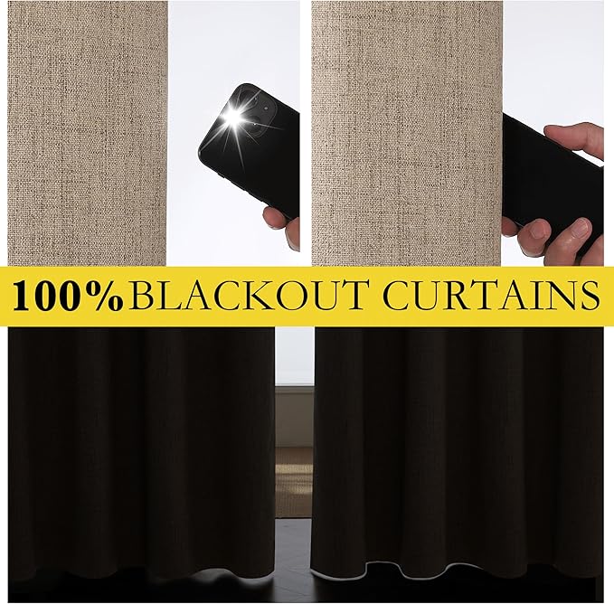 NICETOWN Burlap Vintage Open Linen Weave Flax Thermal Curtains, 100% Blackout Curtains 63" Long for Dining Room, Soundproof Window Treatment Drapes for Hall Room, 52" Wide Per Panel, Set of 2