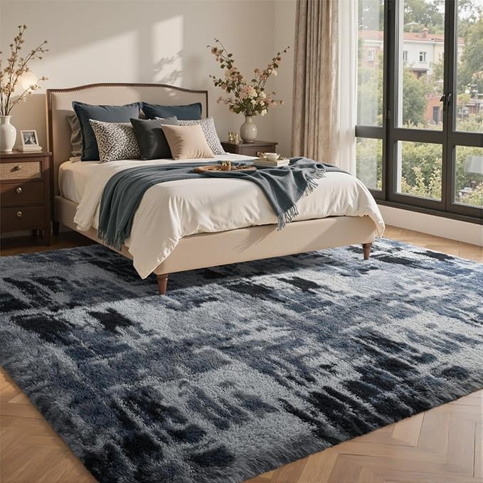8x10 Ft Extra Large Shag Rugs for Living Room, Tie Dyed Ultra Soft Fluffy Furry Area Rugs for Bedroom Indoor Floor, Aesthetic Carpet for Kids Home Decor (Blue)