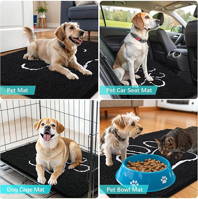 OLANLY Dog Door Mat for Muddy Paws 59x20, Paw Print Design, Absorbs Moisture and Dirt, Absorbent Non-Slip Washable Doormat, Quick Dry Chenille Mud Mat for Dogs, Entry Indoor Entryway Carpet, Black