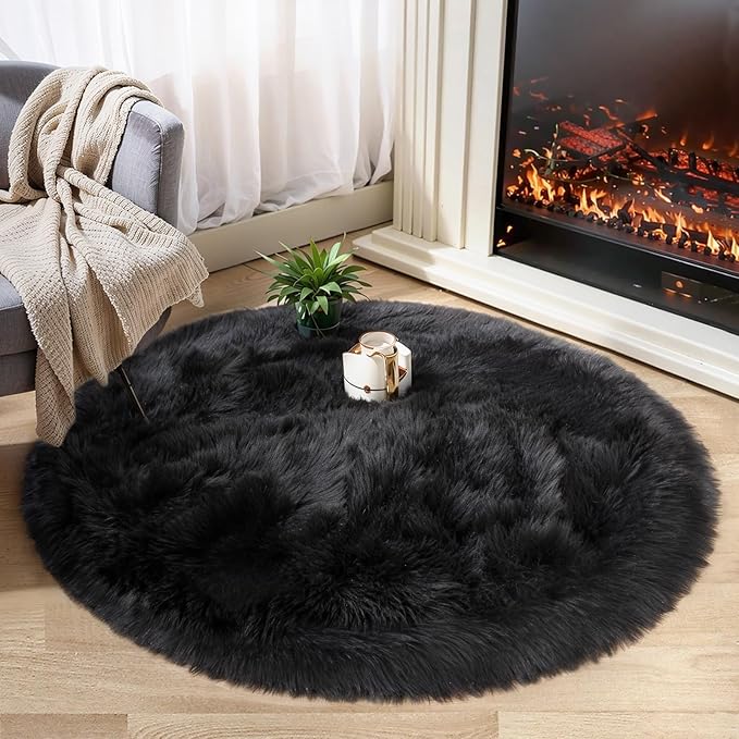 Ciicool Round Fur Fluffy Area Rug for BedroomRound Fur Fluffy Area Rug for Bedroom, Black Faux Fur Rugs Furry Circle Rug
