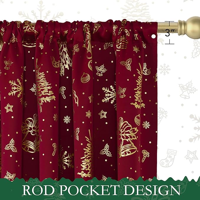 NICETOWN 2 Panels Red Christmas Curtains W42 x L63 in, Rod Pocket Gold Stamping Xmas Tree Printed Window Treatments for Bedroom, Living Room, Thermal & Privacy Draperies for Holiday Party Home Decor
