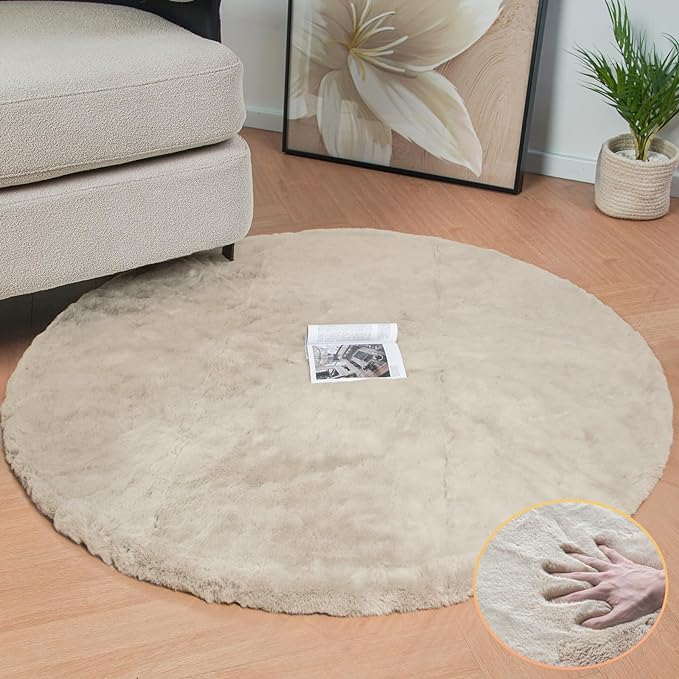 ORINOVA Camel Plush Shag Faux Rabbit Washable Fuzzy Fur Rugs for Living Room Bedroom Kids Circle Small Nursery Area Rug Round Rug 3ft