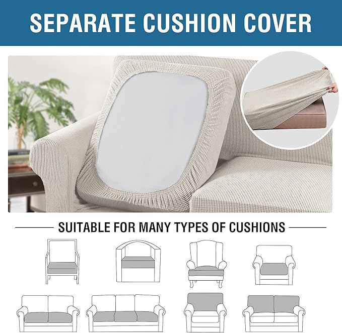 H.VERSAILTEX 3 Piece Stretch Sofa Covers for 2 Cushion Loveseat Couch Covers for Living Room Sofa Slipcovers (Base Cover Plus 2 Seat Cushion Covers) Thicker Jacquard Fabric(Medium Sofa, Ivory)