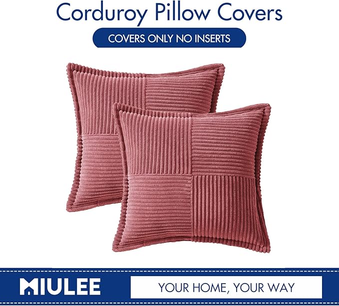 MIULEE Decorative Throw Pillow Covers for Couch Bed Livingroom 18x18 Inch Set of 2 Cranberry Red Boho Accent Throw Pllows Broadside Striped Patchwork Soft Corduroy Pillowcases
