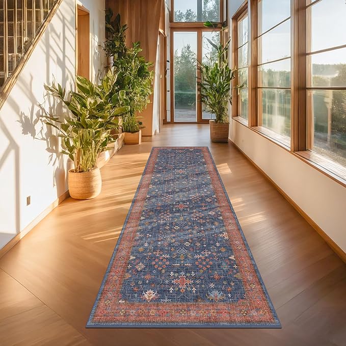 Navy Blue Washable 10 ft Long Runner for Kitchen Floor - 2'6"X10' Runner Rug for Hallway, Entryway, Pet Friendly Waterproof Non Slip with Rubber Backing, Stain Resistant Area Rug