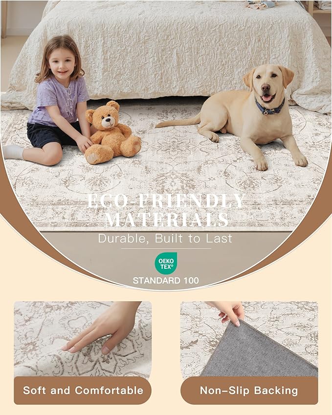 Madane 9x12 Area Rugs for Living Room, Machine Washable Rug with Non-Slip Backing, Soft Vintage Large Area Rug, Floral Print Floor Carpet for Bedroom Dining Room (9 x 12, Brown/Ivory)