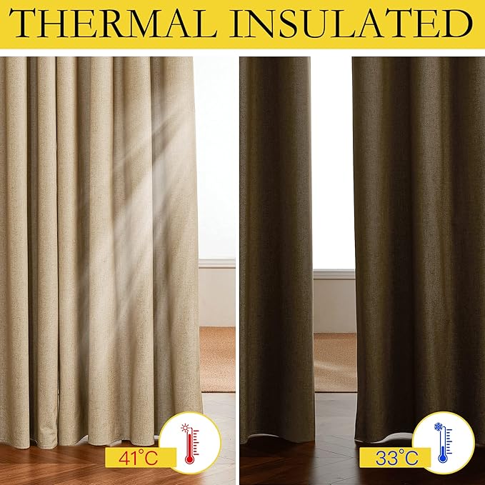 NICETOWN 100% Absolutely Blackout Linen Curtains with Thermal Insulated White Liner, Camel, W34 x L90, 2 Panels, Long Curtains 90 inch Length for Patio Door, Doorway, Office, Overnight Shiftworker