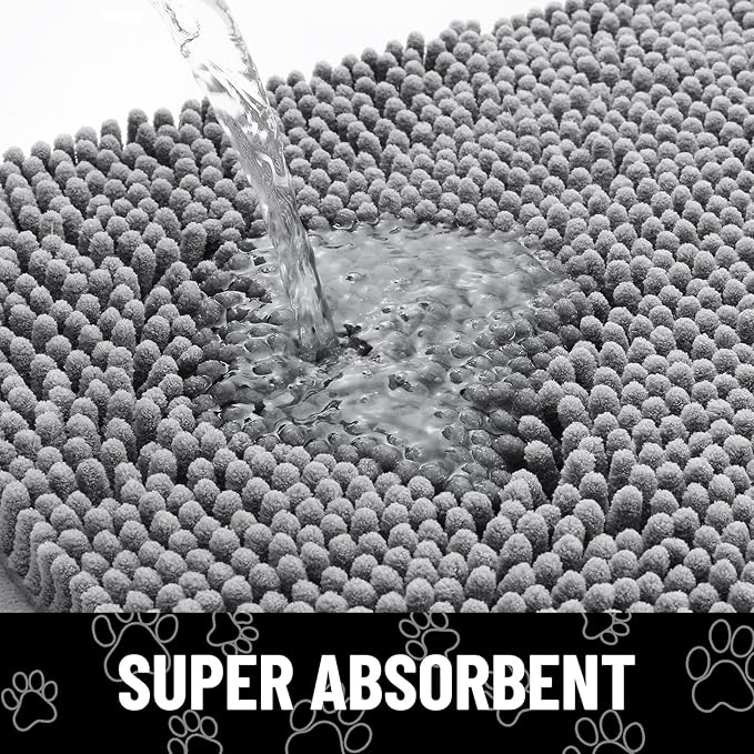 Smiry Dog Door Mat for Muddy Paws, Absorbent Dirt Trapper Non Slip Quick Dry Washable Chenille Mat for Mud Dogs, Entry Rug for Indoor and Outdoor (48x30 Inches, Grey and Black)
