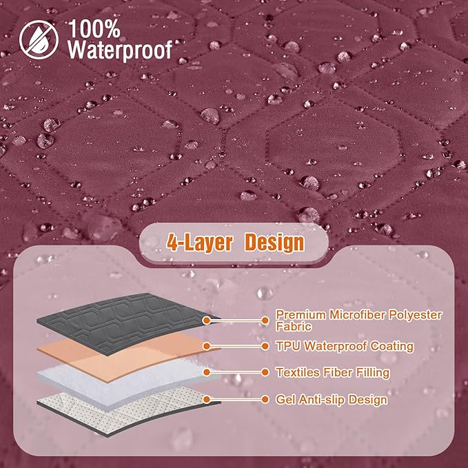 VANSOFY Waterproof Recliner Couch Covers, Sofa Covers 1-Piece Washable Reclining Sofa Cover Non-Slip Furniture Protector with Elastic Straps Pocket for Dogs, Pets(Burgundy,3 Seater)