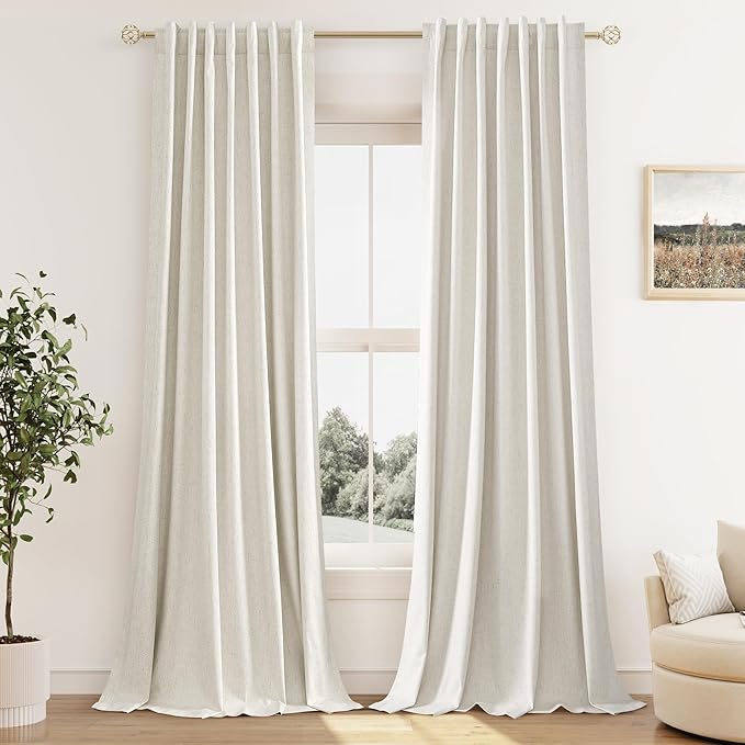 Guken Cream 100% Blackout Linen Curtains 104 Inch Length 2 Panels Set for Living Room Bedroom Back Tab Thermal Insulated Black Out Drapes Room Darkening Window Curtains