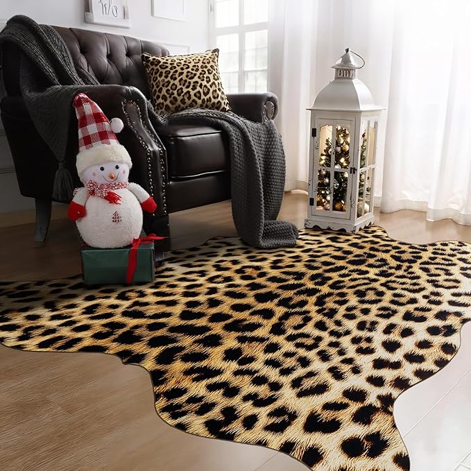 AROGAN Western Decor Faux Fur Leopard Rug, 6.2 x 7 Feet Premium Animal Skin Leopard Hide Rug, Sturdy Cheetah Print Rugs for Wall Decor, Western Floor Carpet for Bedroom Living Room, Black and Gold