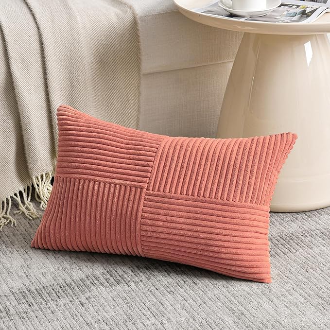 Fancy Homi 2 Packs Coral Lumbar Decorative Throw Pillow Covers 20x28 Inch for Living Room Couch, Rustic Farmhouse Boho Home Decor, Soft Striped Corduroy Rectangle Accent Peach Cushion Case 50x70 cm
