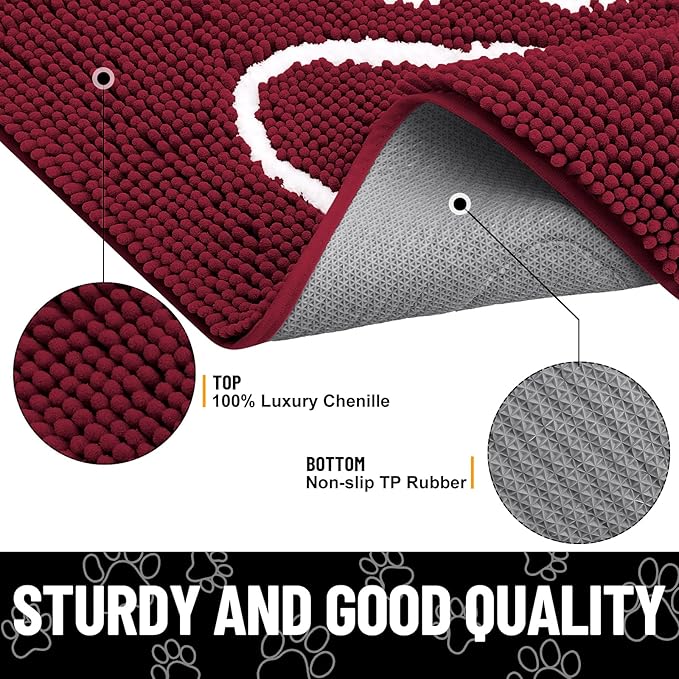 Smiry Dog Door Mat for Muddy Paws, Absorbent Dirt Trapper Non Slip Quick Dry Washable Chenille Mat for Mud Dogs, Entry Rug for Indoor and Outdoor (30x20 Inches, Burgundy and White)