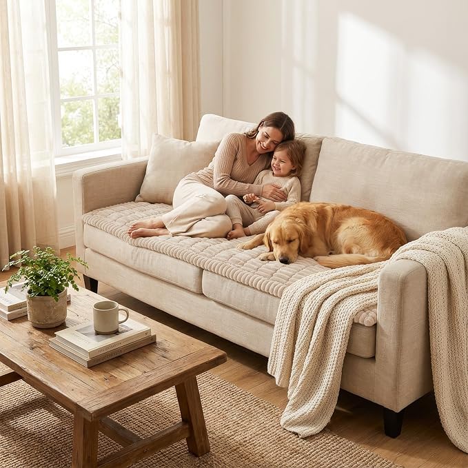 Smiry Couch Cover for Dogs Washable, Non Slip Fuzzy Pet Couch Covers for 3 Cushion Sofa Pet Friendly, Thick Soft Sofa Slipcovers Cushion Protector (Apricot, 27.6" x 59")