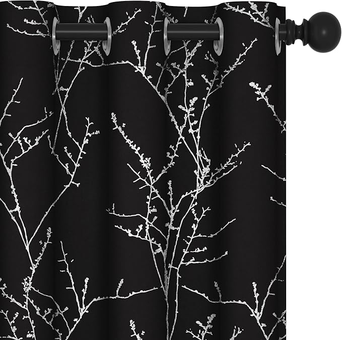 Deconovo Black Blackout Curtains, Thermal Insulated Soundproof Privacy Curtain Drapes, Branch Foil Print, 42 x 84 Inch Long, 2 Panels, Machine‑Washable Window Panel for Bedroom Living Room Office Home