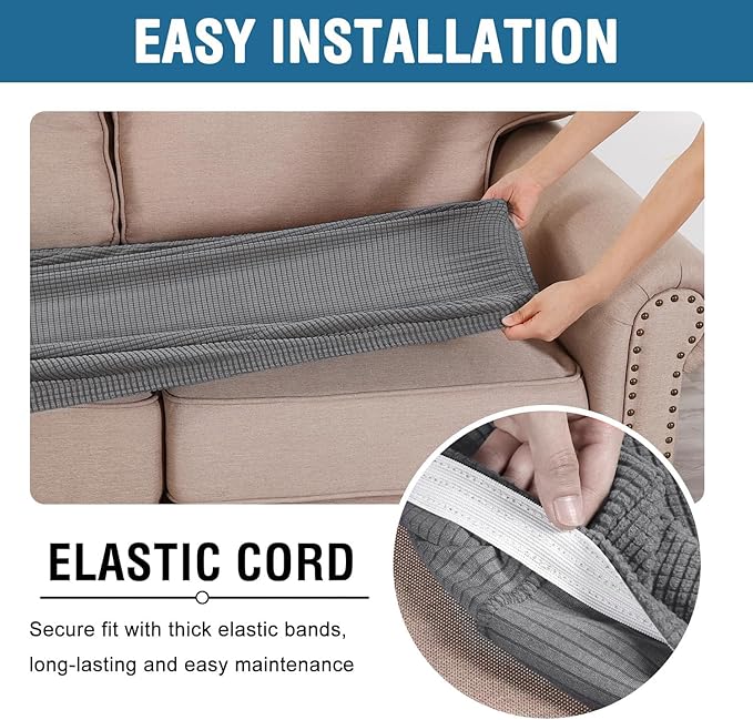 H.VERSAILTEX Super Stretch Individual Seat Cushion Covers Sofa Couch Slipcover Sets Thick Jacquard Textured Twill Fabric (2 Piece Medium Covers, Grey)