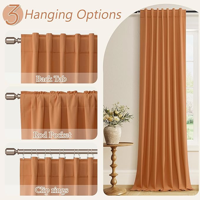 Guken Orange 100% Blackout Linen Curtains 108 Inch Length 2 Panels Set for Living Room Bedroom Back Tab Thermal Insulated Black Out Drapes Room Darkening Farmhouse Window Curtains 52x108