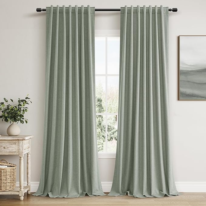 Guken 100% Blackout Curtains 100 Inch Length 2 Panels Set for Living Room Bedroom Back Tab Thermal Insulated Black Out Linen Drapes Room Darkening Window Curtains 100 Inches Long,Desert Sage