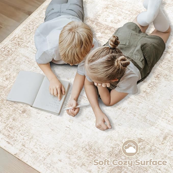 Area Rug 5x7 Washable Rug, Vintage Boho Medallion Rugs Non-Slip Soft Low Pile Large Distressed Rug Indoor Retro Carpet for Living Room Bedroom Dining Room Home Office (Beige, 5'x7')