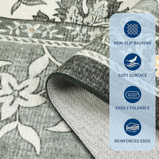 GarveeHome Provence 6x9 Area Rugs, Botanical Grove Soft Cottagecore Non-Slip Washable Rug for Bedroom Living Room Nursery Kitchen Low-Pile Retro Carpet Gray Fog Green