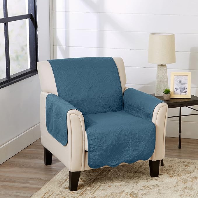Great Bay Home Reversible Chair Cover - Washable Slipcover Furniture Protector with Elastic Straps - Perfect for Kids & Pets - Quilted & Stitched Detail (Smoke Blue/Ivory)