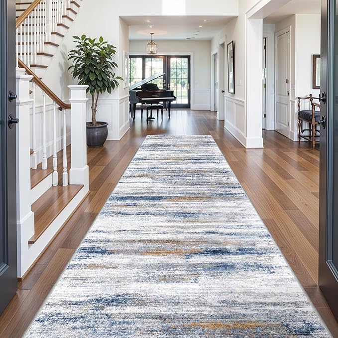 4x12 Runner Rug for Wide Hallway: Long Washable Runners for Entryway Living Room Dining Room - Stain and Water Resistant Rugs with Non-Slip Backing - Soft Low-Pile Carpet Navy Grey