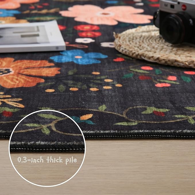 Rugcomf Runners for Hallways Kitchen Rug Non Slip 2'x 10' Long Washable Runner Rugs with Rubber Backing Soft Floral Carpet Runner for Hallways, Kitchen, Laundry, Bedroom, Bathroom(Black)