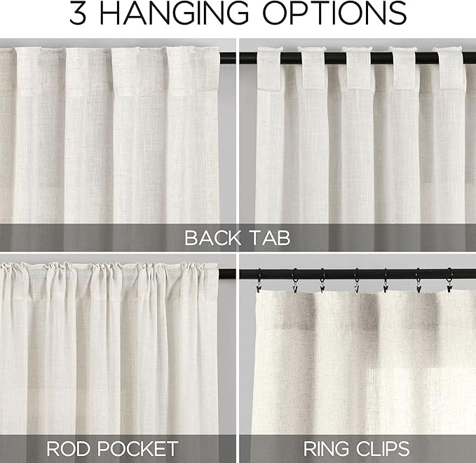 Cream Linen Curtains Back Tab Sheer Curtains 90 Inches Long for Living Room 2 Panels Rod Pocket Neutral Semi Sheer Light Filtering Pleated Curtain Drapes Ivory Farmhouse Dining Room Curtain 40x90
